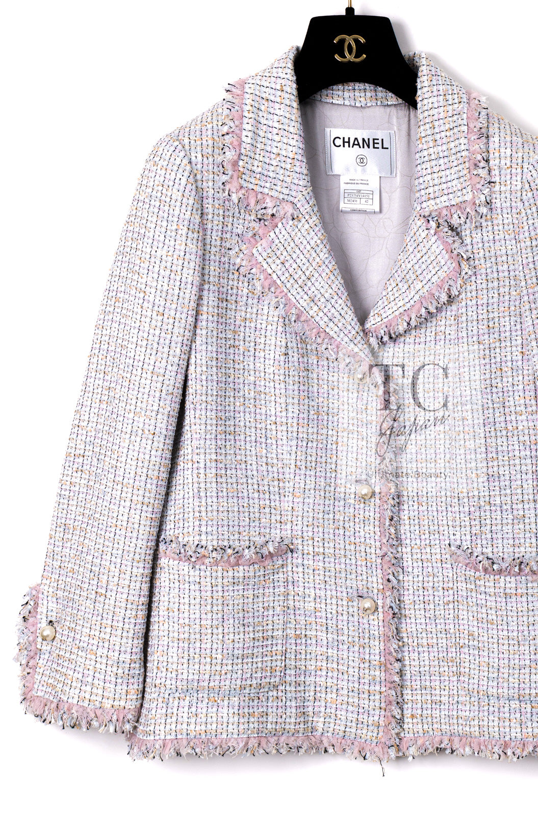 CHANEL 04S Pink Ivory Gray Fringe Cotton Tweed Jacket 42 シャネル ピンク アイボリー フリンジ コットン ツイード ジャケット 即発