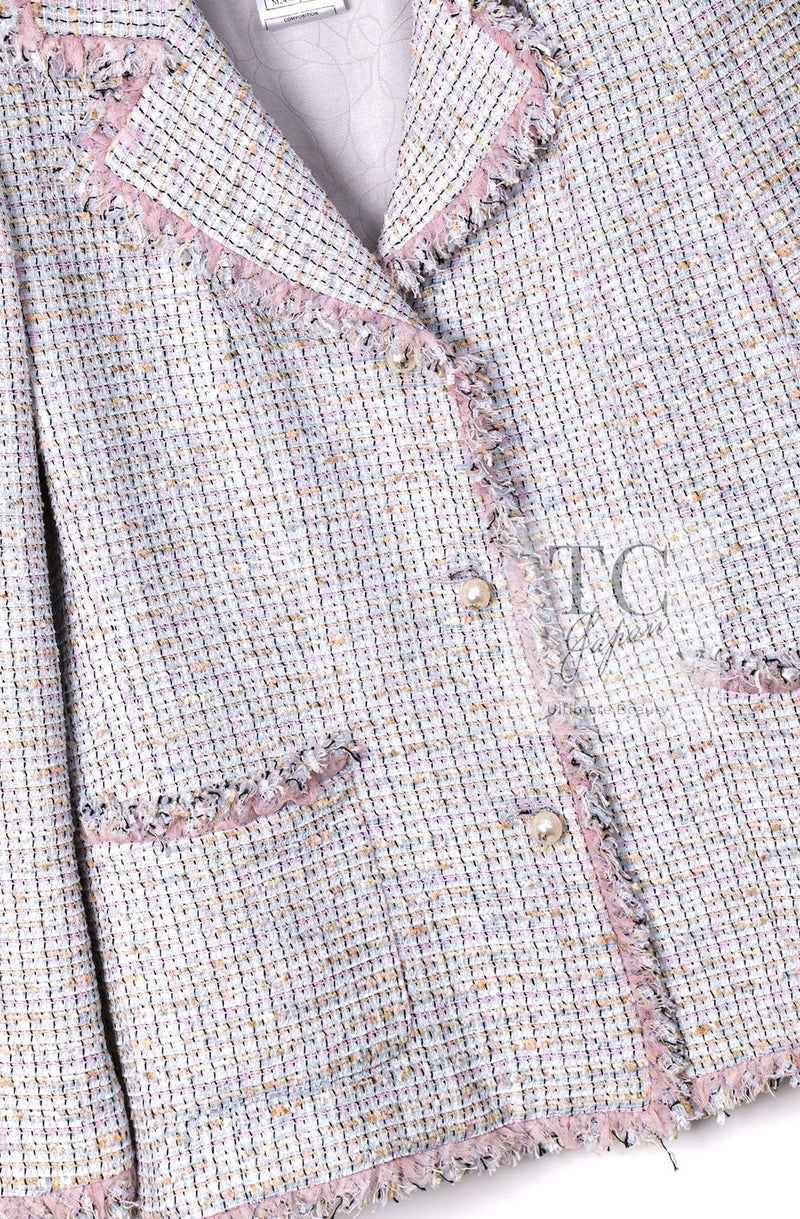 CHANEL 04S Pink Ivory Gray Fringe Cotton Tweed Jacket 42 シャネル ピンク アイボリー フリンジ コットン ツイード ジャケット 即発