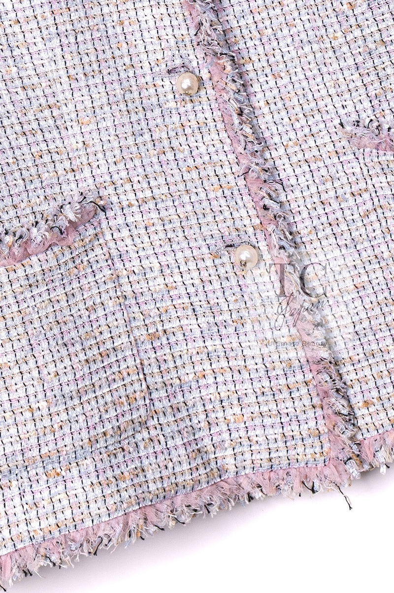 CHANEL 04S Pink Ivory Gray Fringe Cotton Tweed Jacket 42 シャネル ピンク アイボリー フリンジ コットン ツイード ジャケット 即発
