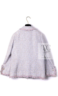 CHANEL 04S Pink Ivory Gray Fringe Cotton Tweed Jacket 42 シャネル ピンク アイボリー フリンジ コットン ツイード ジャケット 即発