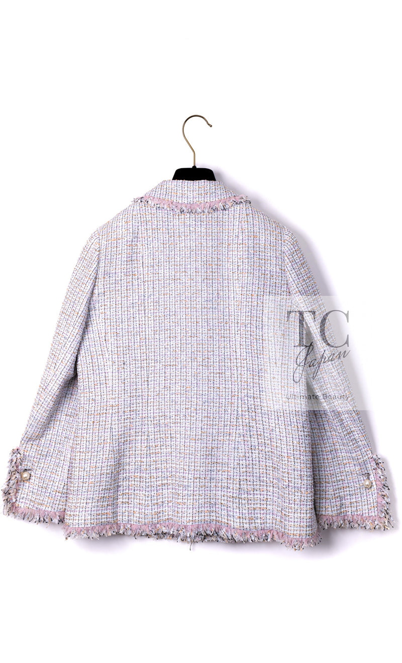 CHANEL 04S Pink Ivory Gray Fringe Cotton Tweed Jacket 42 シャネル ピンク アイボリー フリンジ コットン ツイード ジャケット 即発