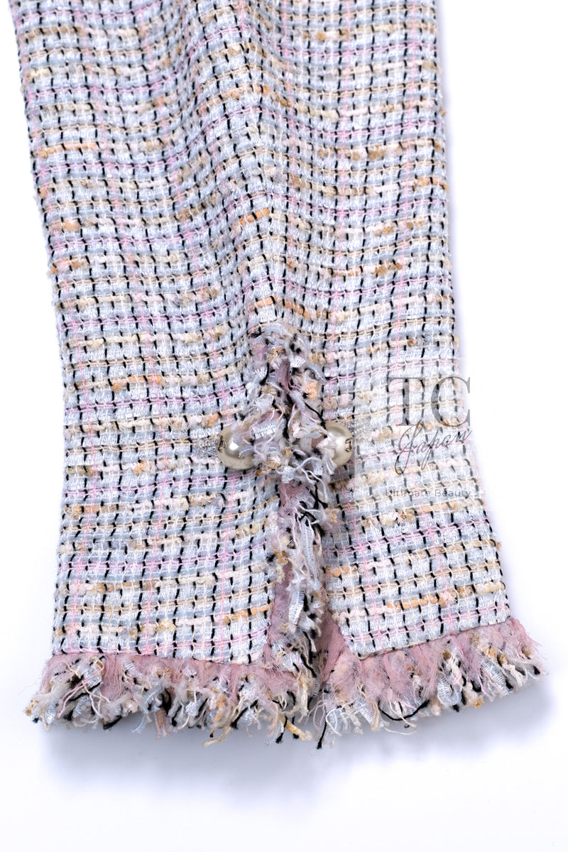 CHANEL 04S Pink Ivory Gray Fringe Cotton Tweed Jacket 42 シャネル ピンク アイボリー フリンジ コットン ツイード ジャケット 即発