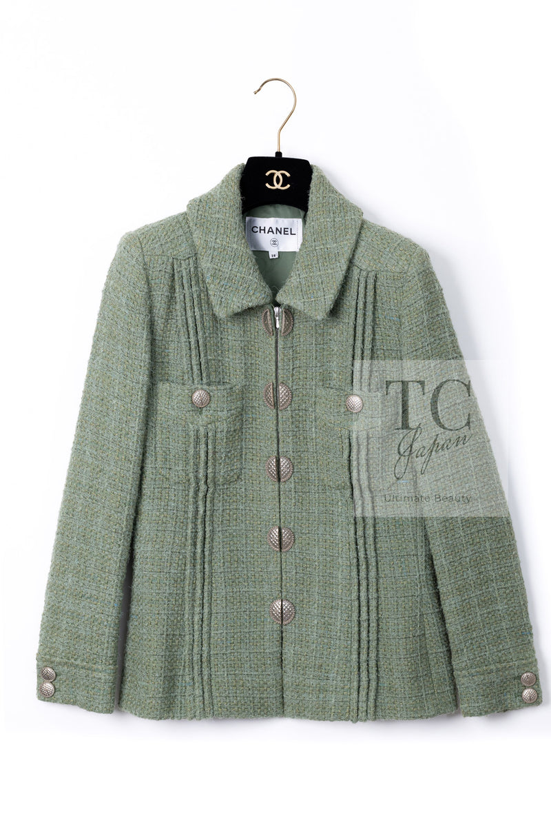 CHANEL 17C Olive Moss Green Wool Cotton Tweed Jacket 38 シャネル オリーブ モス グリーン ウール コットン ツイード ジャケット 即発