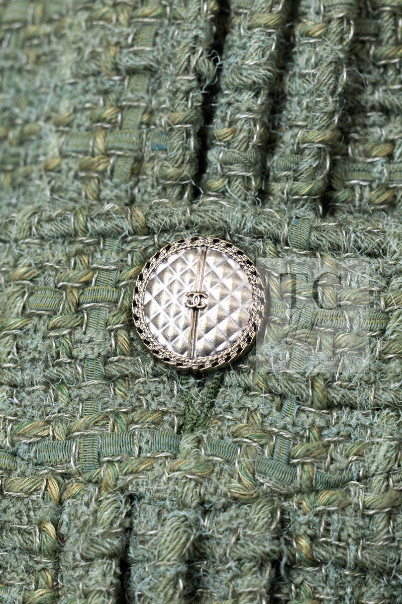 CHANEL 17C Olive Moss Green Wool Cotton Tweed Jacket 38 シャネル オリーブ モス グリーン ウール コットン ツイード ジャケット 即発
