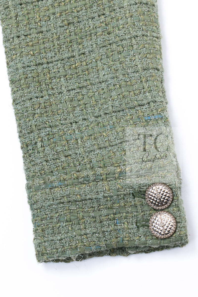 CHANEL 17C Olive Moss Green Wool Cotton Tweed Jacket 38 シャネル オリーブ モス グリーン ウール コットン ツイード ジャケット 即発