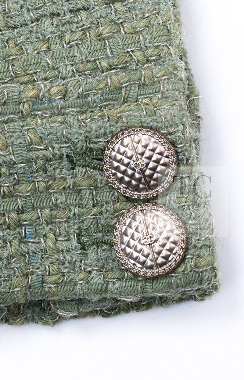 CHANEL 17C Olive Moss Green Wool Cotton Tweed Jacket 38 シャネル オリーブ モス グリーン ウール コットン ツイード ジャケット 即発