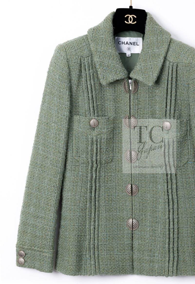 CHANEL 17C Olive Moss Green Wool Cotton Tweed Jacket 38 シャネル オリーブ モス グリーン ウール コットン ツイード ジャケット 即発