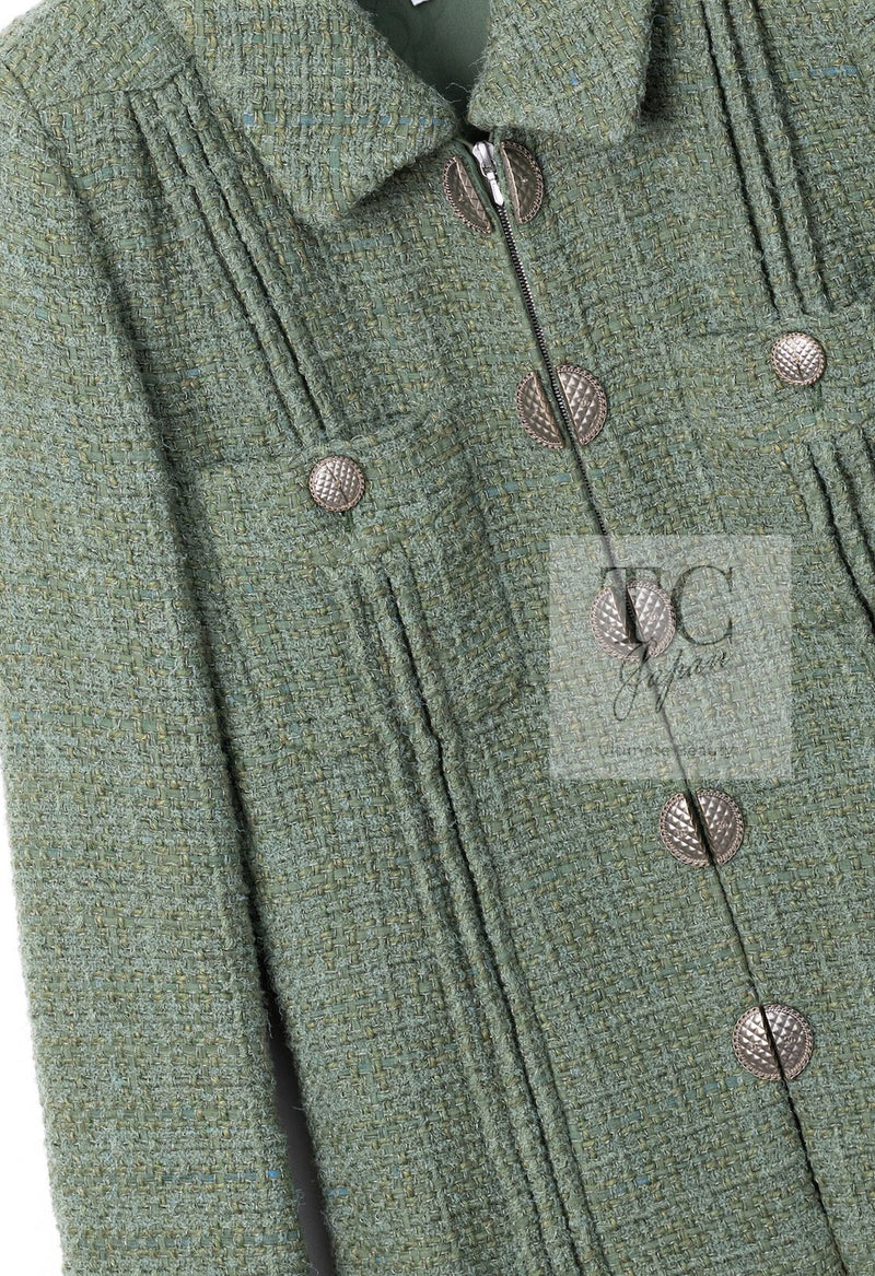 CHANEL 17C Olive Moss Green Wool Cotton Tweed Jacket 38 シャネル オリーブ モス グリーン ウール コットン ツイード ジャケット 即発