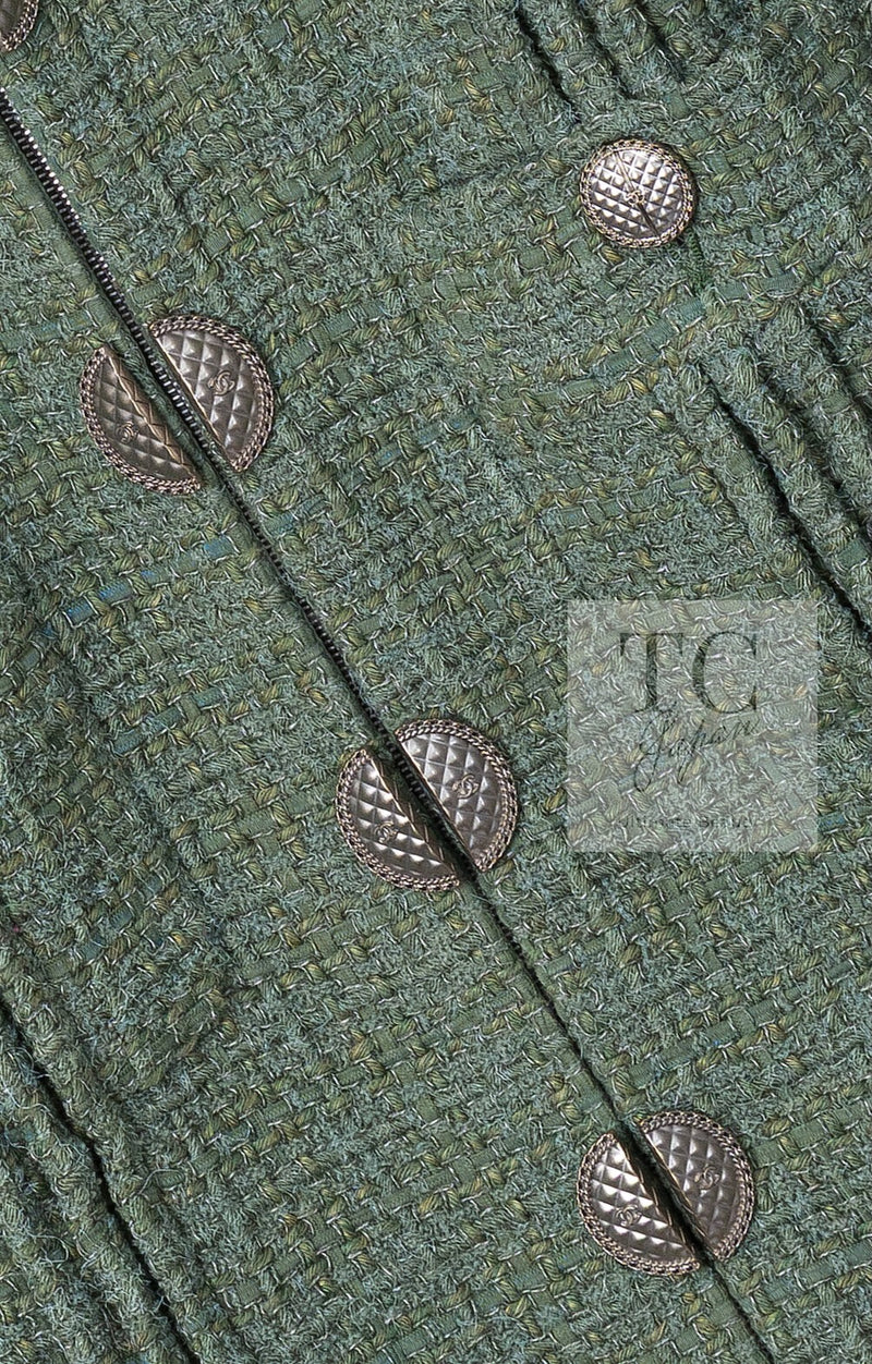 CHANEL 17C Olive Moss Green Wool Cotton Tweed Jacket 38 シャネル オリーブ モス グリーン ウール コットン ツイード ジャケット 即発
