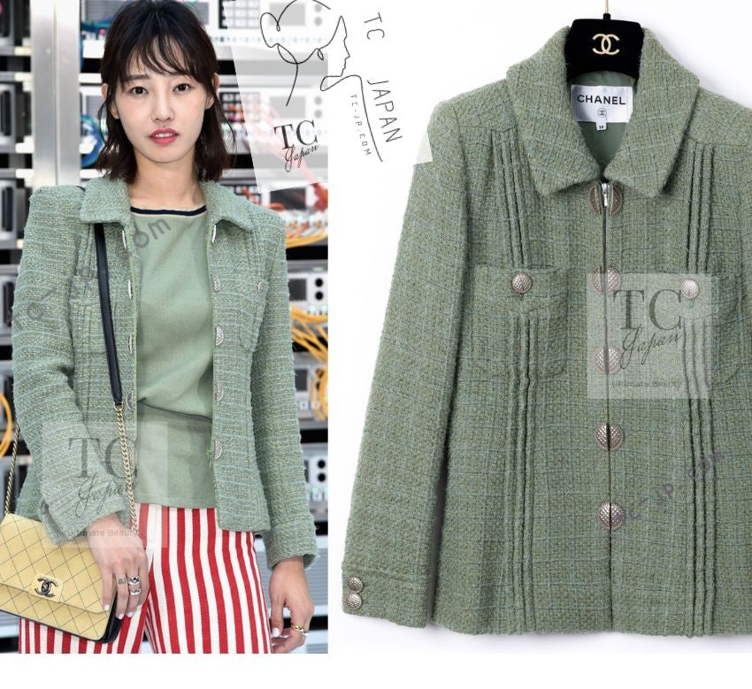 CHANEL 17C Olive Moss Green Wool Cotton Tweed Jacket 38 シャネル オリーブ モス グリーン ウール コットン ツイード ジャケット 即発