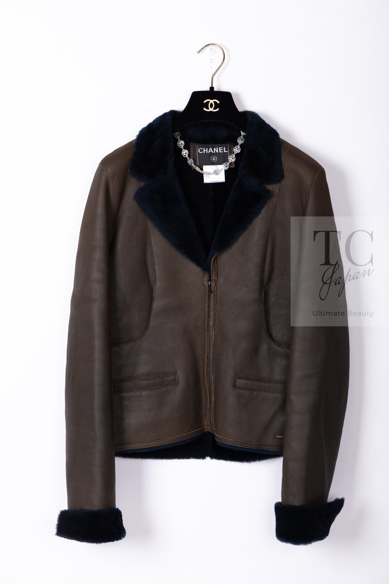 CHANEL 04A Brown Lambskin Leather Riders Zipper Jacket 40 シャネル ブラウン ラムスキン レザー ムートン ライダース ジッパー ジャケット 即発