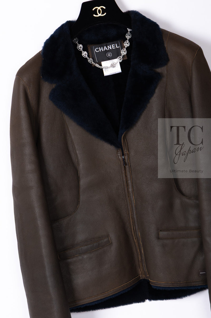 CHANEL 04A Brown Lambskin Leather Riders Zipper Jacket 40 シャネル ブラウン ラムスキン レザー ムートン ライダース ジッパー ジャケット 即発