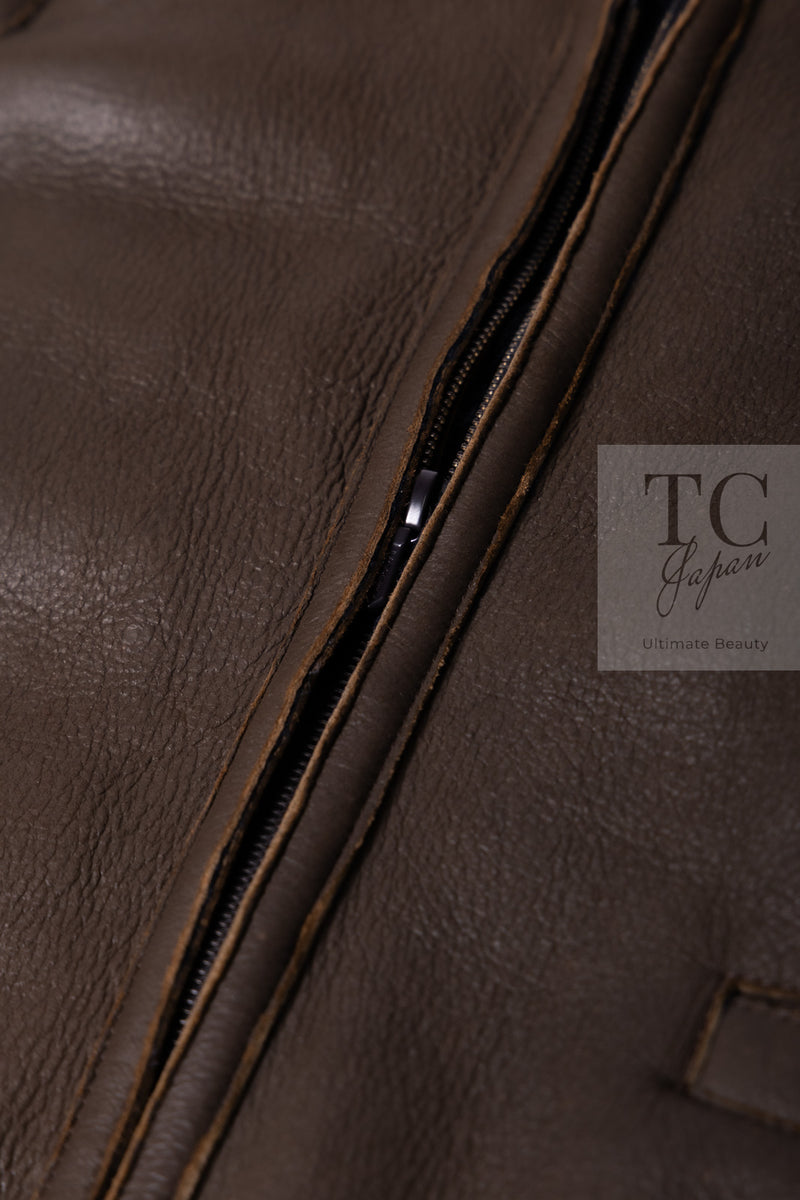 CHANEL 04A Brown Lambskin Leather Riders Zipper Jacket 40 シャネル ブラウン ラムスキン レザー ムートン ライダース ジッパー ジャケット 即発