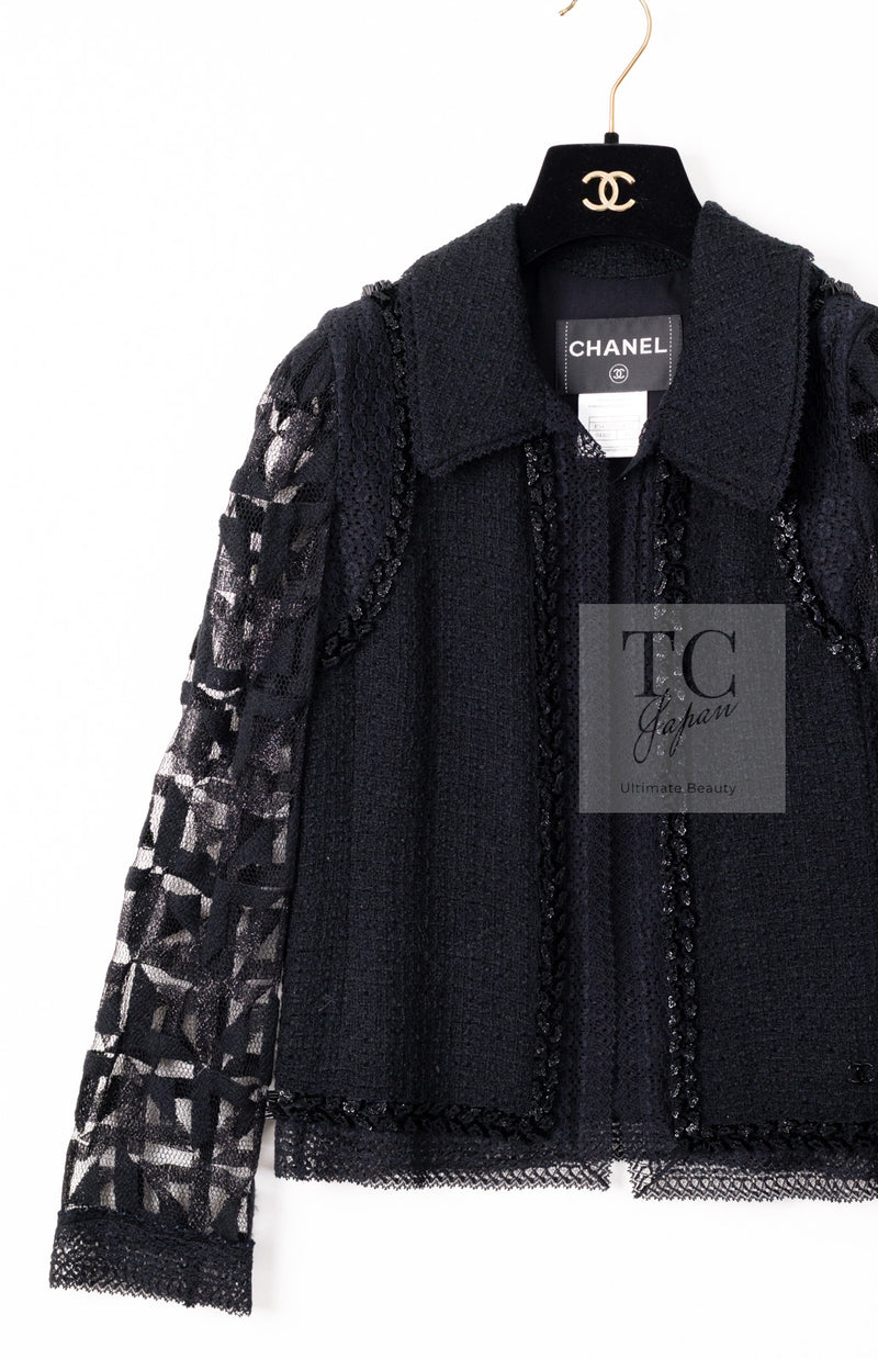CHANEL 09C Black Jewel Embellished Mesh Lesage Tweed Cardigan Jacket 34 シャネル ブラック ジュエリー ビーズ メッシュレース カーディガン ジャケット 即発