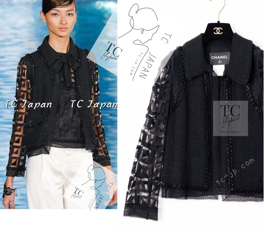 CHANEL 09C Black Jewel Embellished Mesh Lesage Tweed Cardigan Jacket 34 シャネル ブラック ジュエリー ビーズ メッシュレース カーディガン ジャケット 即発