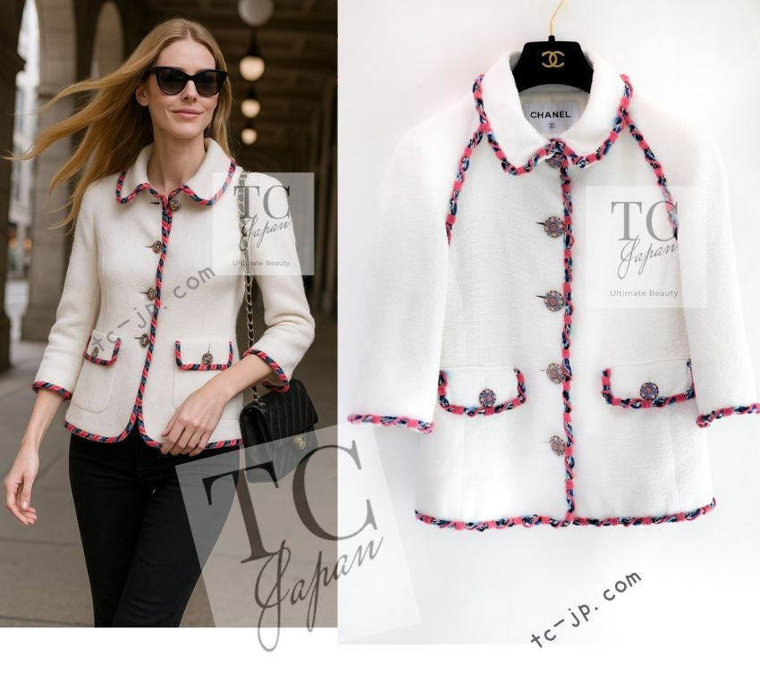 シャネル ジャケット CHANEL ホワイト ピンク ブレードトリミング