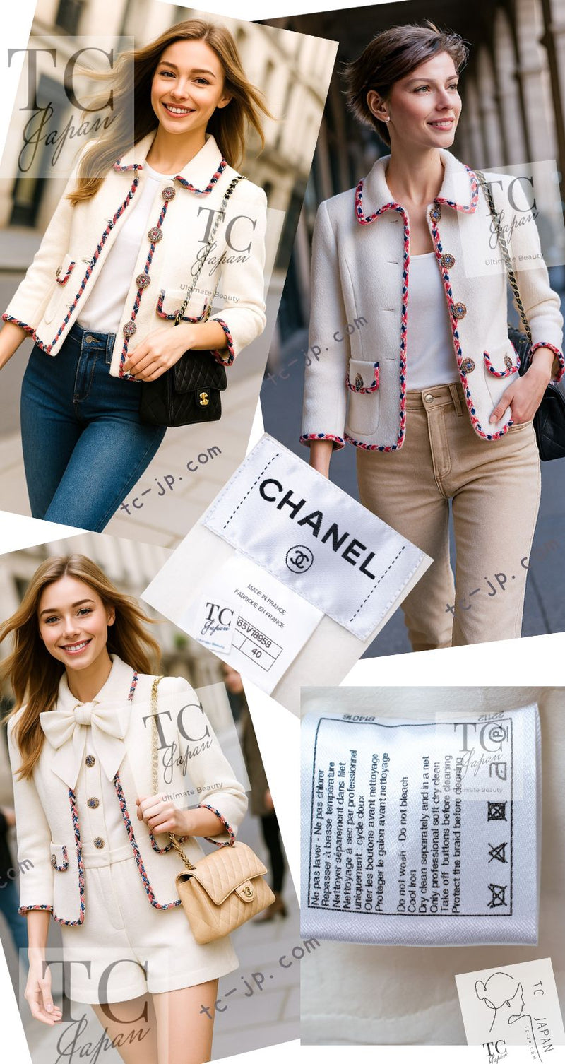 CHANEL 15C White Pink Blade Trimming Cotton Tweed Jacket 40 42 シャネル ホワイト ピンク ブレードトリミング コットン ツイード ジャケット 即発