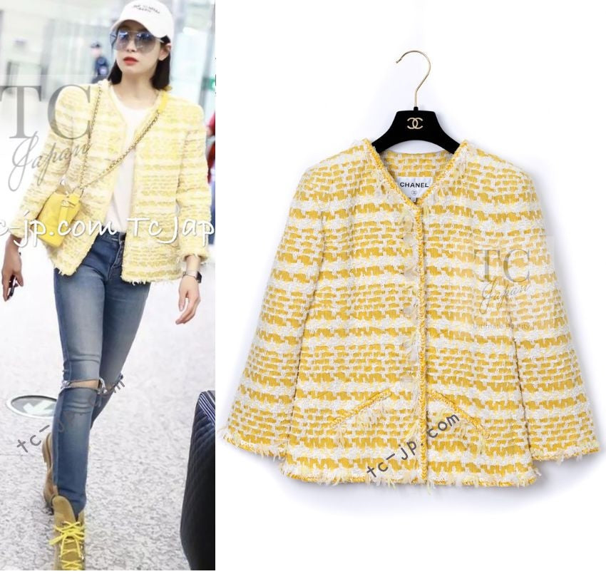 CHANEL 18S Yellow Ivory Cotton Wool Tweed Jacket 40 42 シャネル イエロー アイボリー コットン ウール ツイード ジャケット 即発