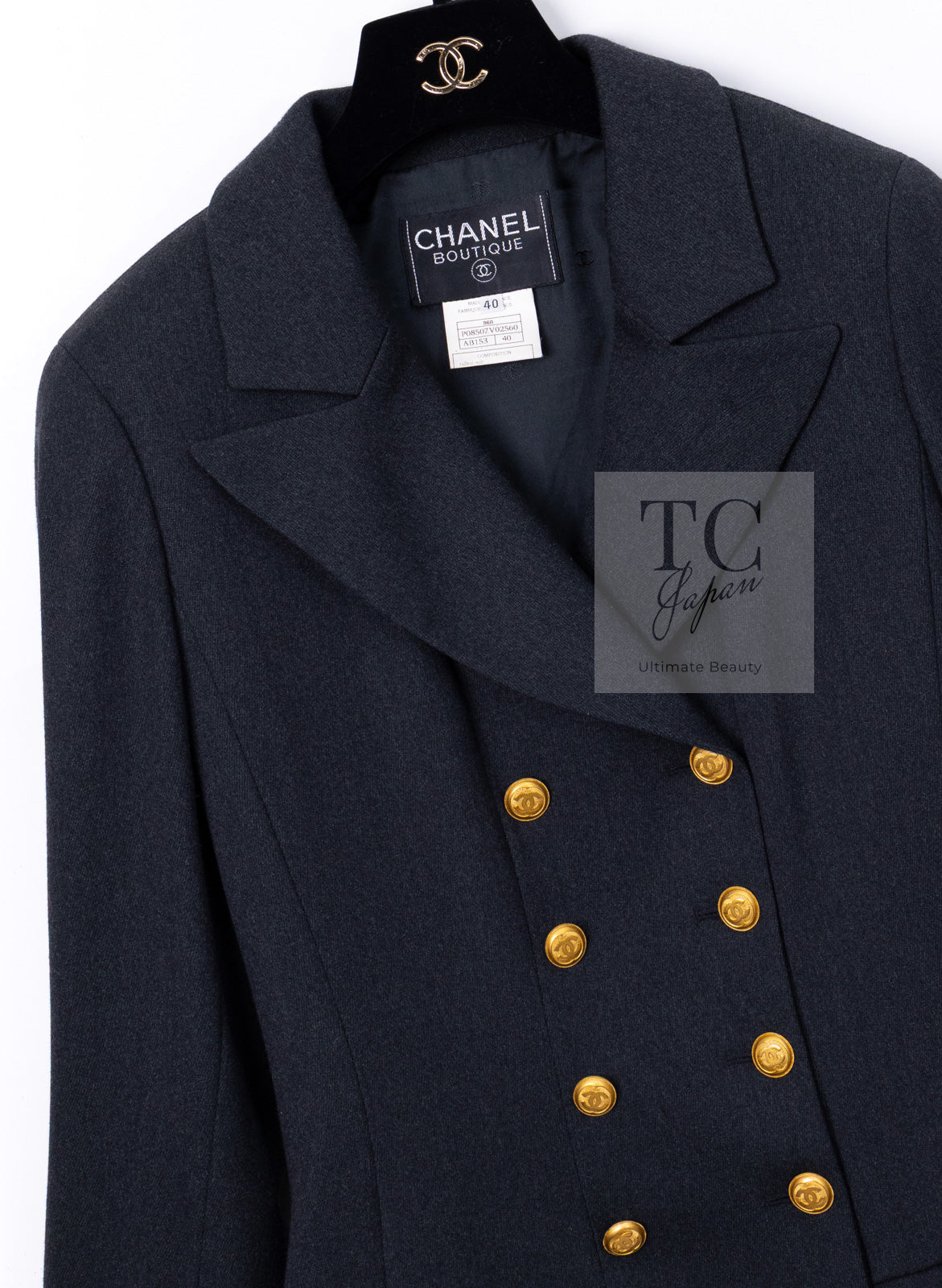 CHANEL 96A Vintage Charcoal Gray Wool 100 Gold CC Logo Buttons Jacket 38 40 シャネル ヴィンテージ チャコール グレー ウール 100% ゴールド CC ボタン ジャケット 即発