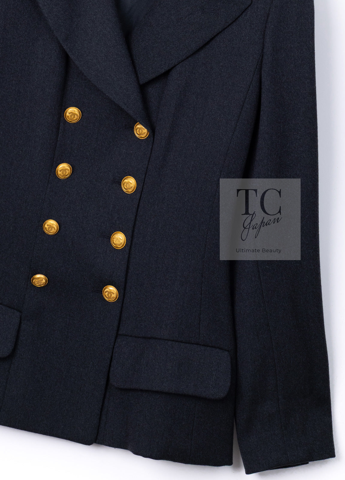 CHANEL 96A Vintage Charcoal Gray Wool 100 Gold CC Logo Buttons Jacket 38 40 シャネル ヴィンテージ チャコール グレー ウール 100% ゴールド CC ボタン ジャケット 即発
