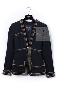 CHANEL 17PF Black Gold Trim Wool Tweed Jacket 34 シャネル ブラック ゴールド トリミング ウール ジャケット 即発