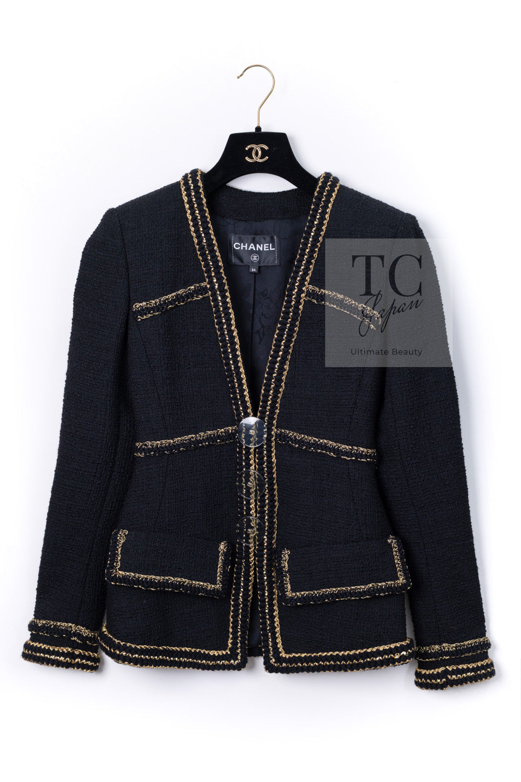 CHANEL 17PF Black Gold Trim Wool Tweed Jacket Skirt Suit 34 シャネル ブラック ゴールド トリミング ウール ジャケット スカート スーツ 即発