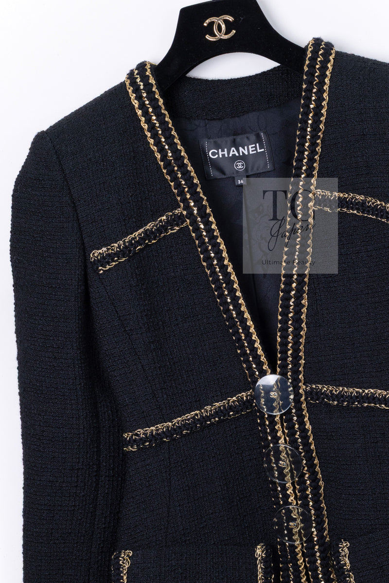 CHANEL 17PF Black Gold Trim Wool Tweed Jacket 34 シャネル ブラック ゴールド トリミング ウール ジャケット 即発