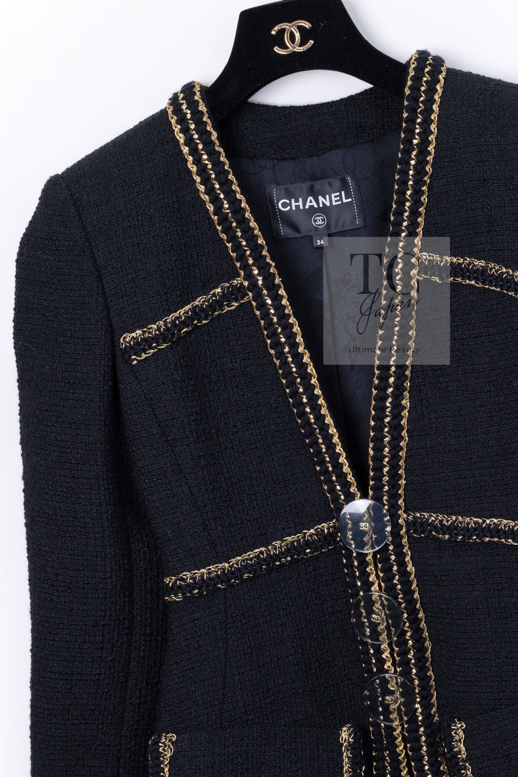CHANEL 17PF Black Gold Trim Wool Tweed Jacket Skirt Suit 34 シャネル ブラック ゴールド トリミング ウール ジャケット スカート スーツ 即発