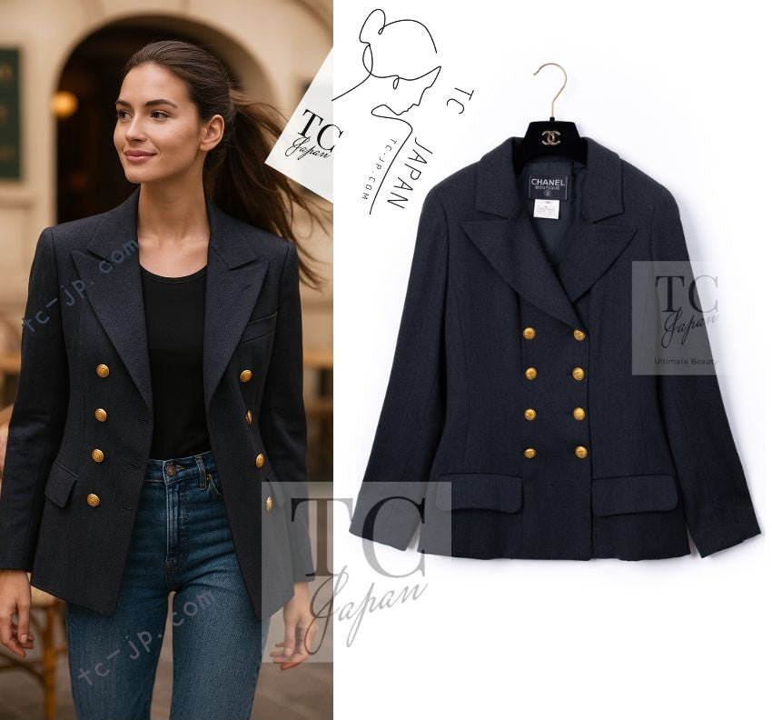 CHANEL 96A Vintage Charcoal Gray Wool 100 Gold CC Logo Buttons Jacket 38 40 シャネル ヴィンテージ チャコール グレー ウール 100% ゴールド CC ボタン ジャケット 即発