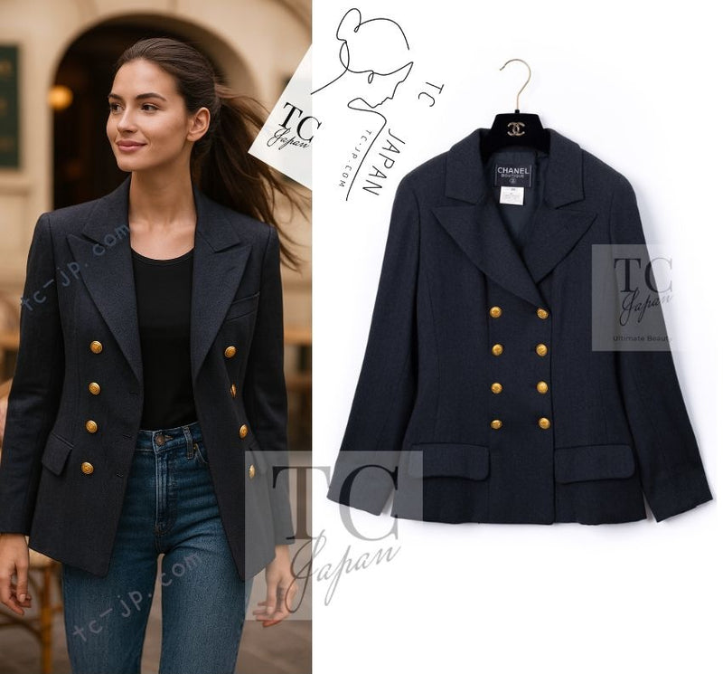 CHANEL 96A Vintage Charcoal Gray Wool 100 Gold CC Logo Buttons Jacket 38 40 シャネル ヴィンテージ チャコール グレー ウール 100% ゴールド CC ボタン ジャケット 即発