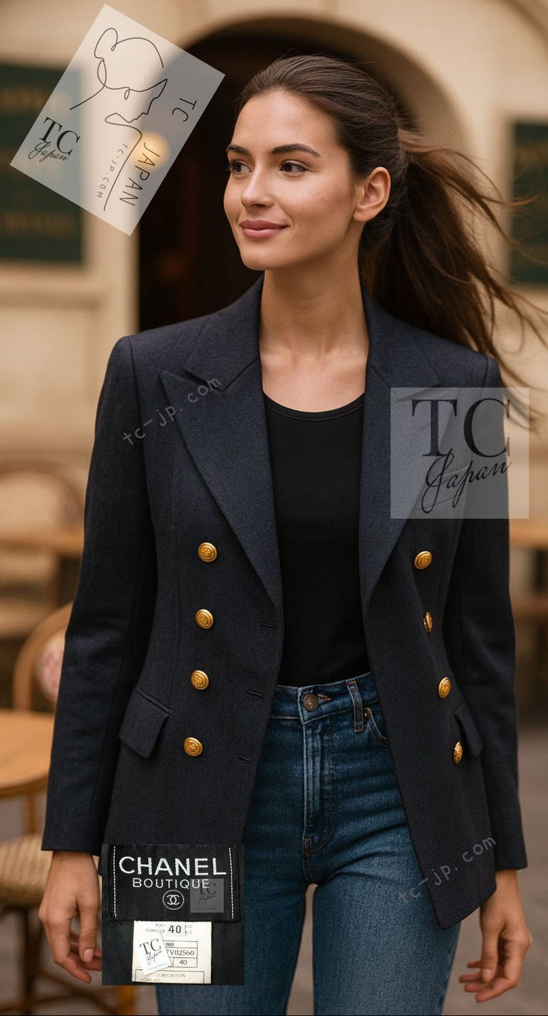 CHANEL 96A Vintage Charcoal Gray Wool 100 Gold CC Logo Buttons Jacket 38 40 シャネル ヴィンテージ チャコール グレー ウール 100% ゴールド CC ボタン ジャケット 即発