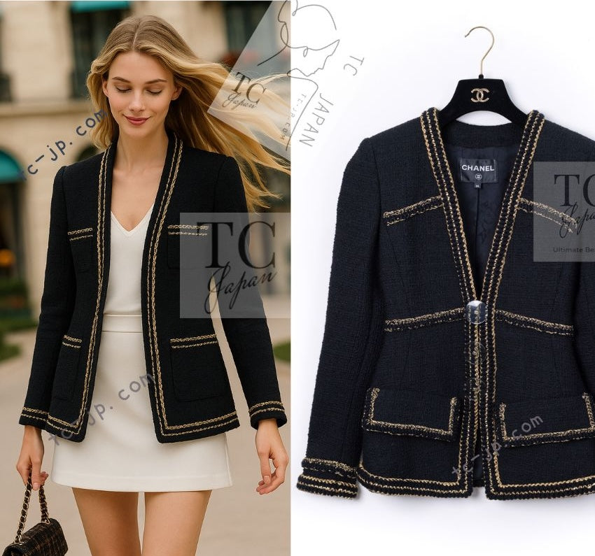 CHANEL 17PF Black Gold Trim Wool Tweed Jacket 34 シャネル ブラック