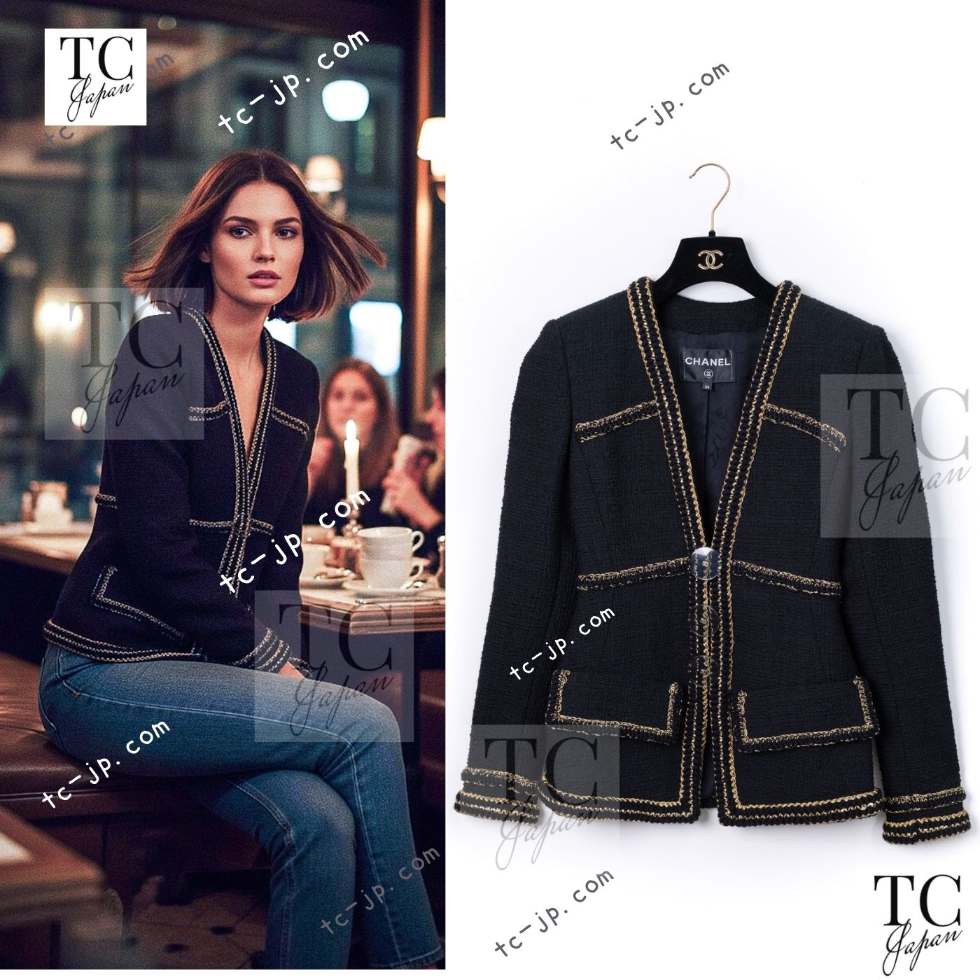 CHANEL 17PF Black Gold Trim Wool Tweed Jacket 34 シャネル ブラック ゴールド トリミング ウール ジャケット 即発