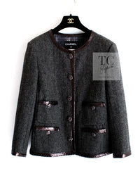 CHANEL 13PF Gray Black Brown Wool Python Trim Jacket 38 シャネル ネイビー グレー ブラック ブラウン ウール パイソン トリミング ジャケット 即発