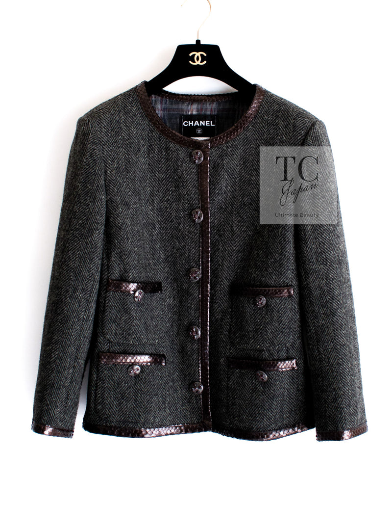 CHANEL 13PF Gray Black Brown Wool Python Trim Jacket 38 シャネル ネイビー グレー ブラック ブラウン ウール パイソン トリミング ジャケット 即発