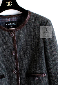 CHANEL 13PF Gray Black Brown Wool Python Trim Jacket 38 シャネル ネイビー グレー ブラック ブラウン ウール パイソン トリミング ジャケット 即発