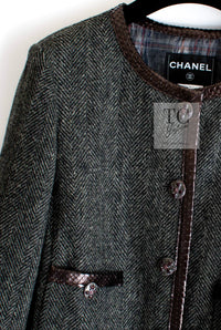 CHANEL 13PF Gray Black Brown Wool Python Trim Jacket 38 シャネル ネイビー グレー ブラック ブラウン ウール パイソン トリミング ジャケット 即発