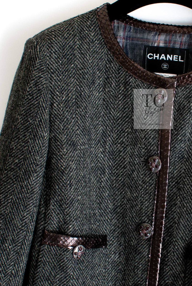 CHANEL 13PF Gray Black Brown Wool Python Trim Jacket 38 シャネル ネイビー グレー ブラック ブラウン ウール パイソン トリミング ジャケット 即発
