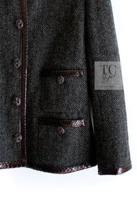CHANEL 13PF Gray Black Brown Wool Python Trim Jacket 38 シャネル ネイビー グレー ブラック ブラウン ウール パイソン トリミング ジャケット 即発