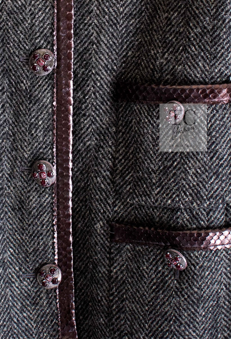 CHANEL 13PF Gray Black Brown Wool Python Trim Jacket 38 シャネル ネイビー グレー ブラック ブラウン ウール パイソン トリミング ジャケット 即発