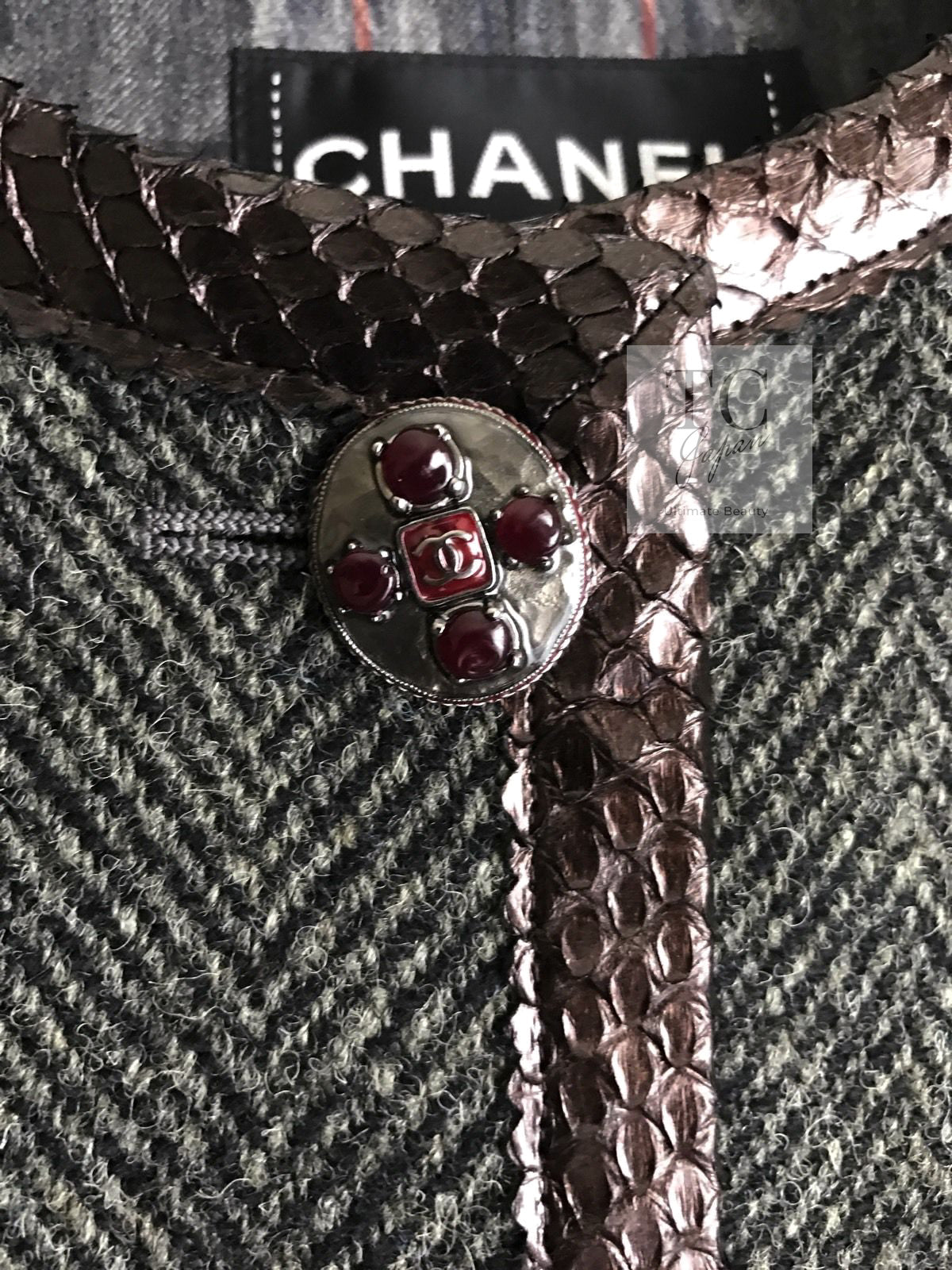 CHANEL 13PF Gray Black Brown Wool Python Trim Jacket 38 シャネル ネイビー グレー ブラック ブラウン ウール パイソン トリミング ジャケット 即発