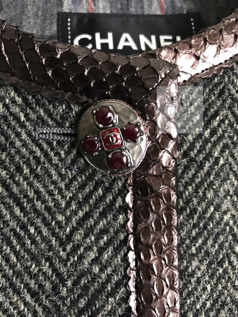 CHANEL 13PF Gray Black Brown Wool Python Trim Jacket 38 シャネル ネイビー グレー ブラック ブラウン ウール パイソン トリミング ジャケット 即発