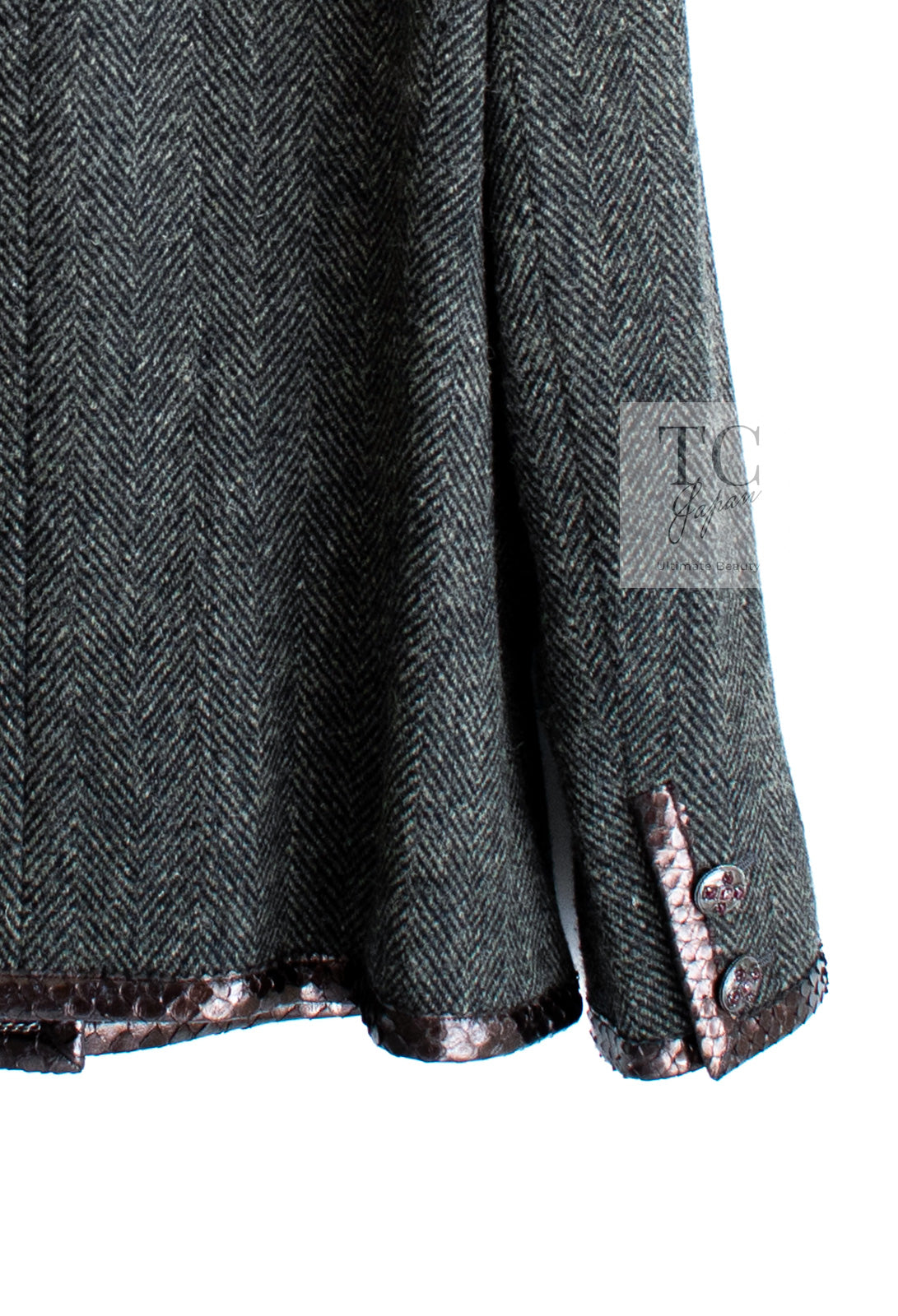 CHANEL 13PF Gray Black Brown Wool Python Trim Jacket 38 シャネル ネイビー グレー ブラック ブラウン ウール パイソン トリミング ジャケット 即発