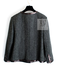 CHANEL 13PF Gray Black Brown Wool Python Trim Jacket 38 シャネル ネイビー グレー ブラック ブラウン ウール パイソン トリミング ジャケット 即発