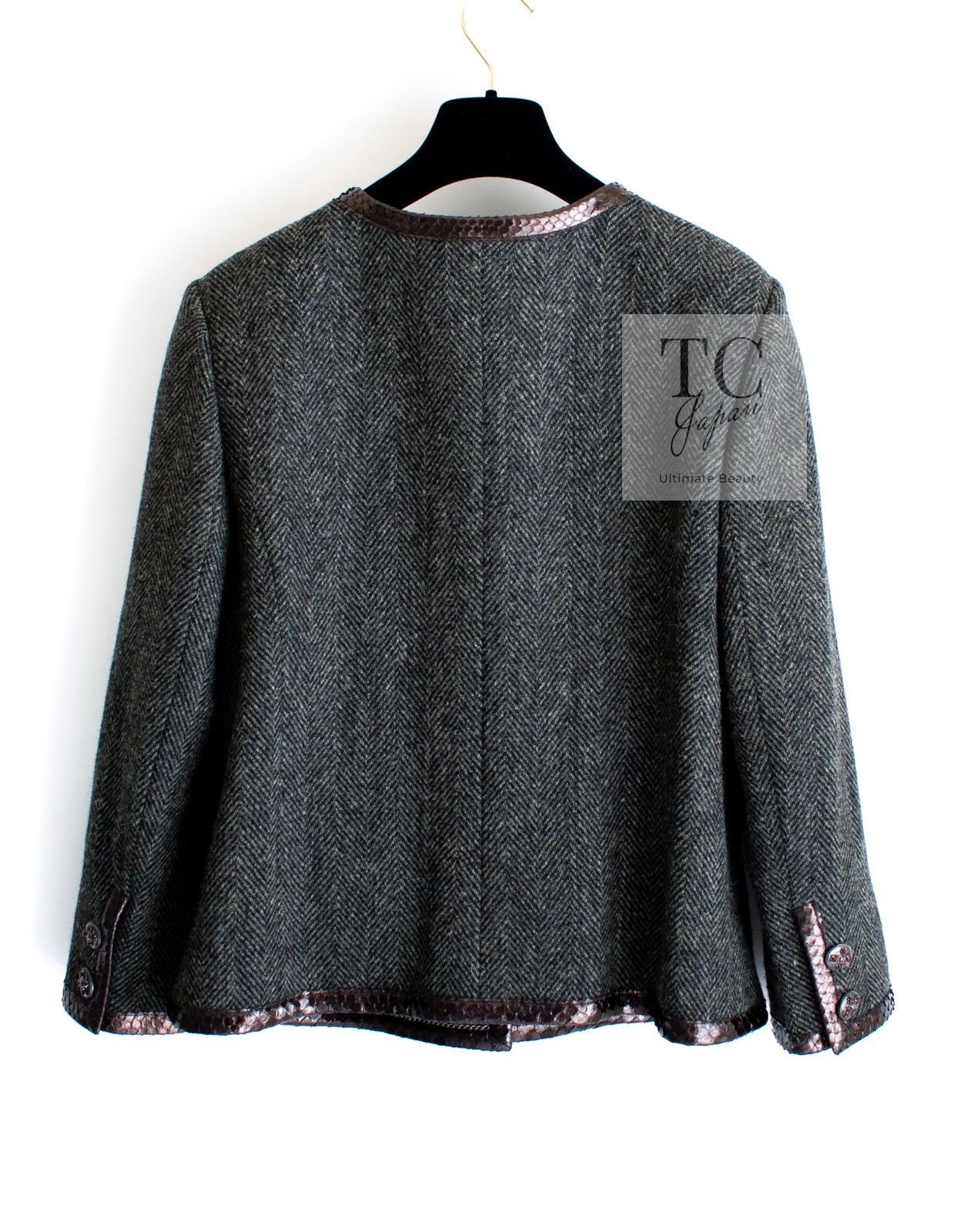 CHANEL 13PF Gray Black Brown Wool Python Trim Jacket 38 シャネル ネイビー グレー ブラック ブラウン ウール パイソン トリミング ジャケット 即発