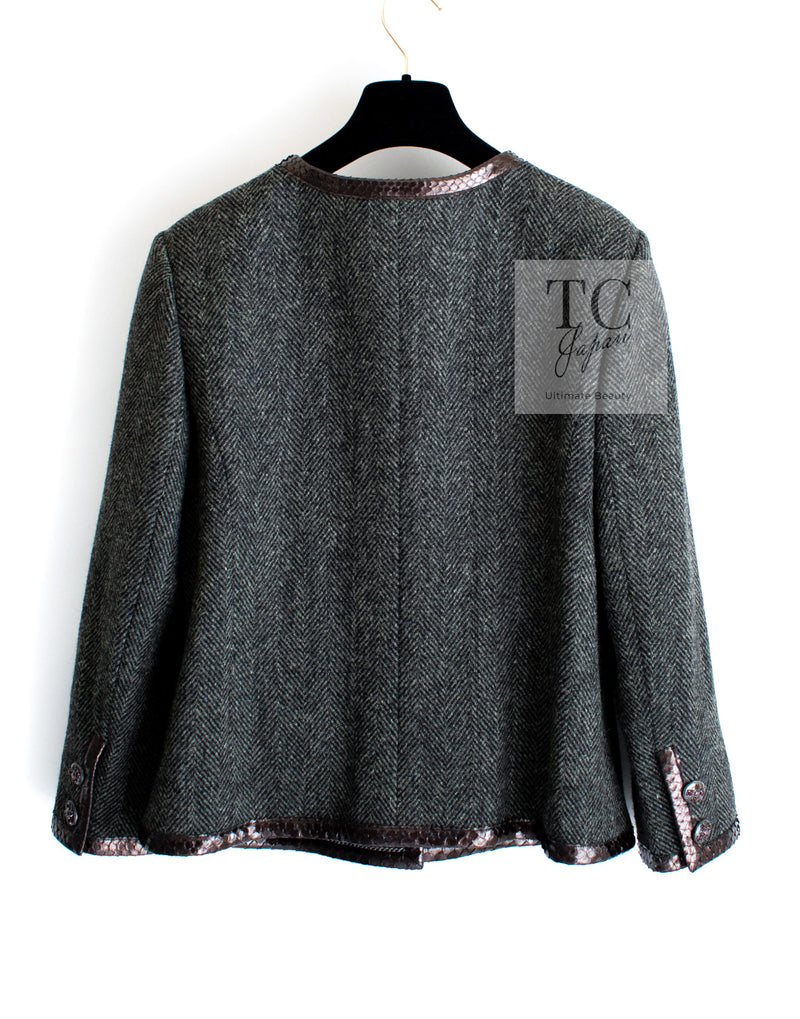 CHANEL 13PF Gray Black Brown Wool Python Trim Jacket 38 シャネル ネイビー グレー ブラック ブラウン ウール パイソン トリミング ジャケット 即発
