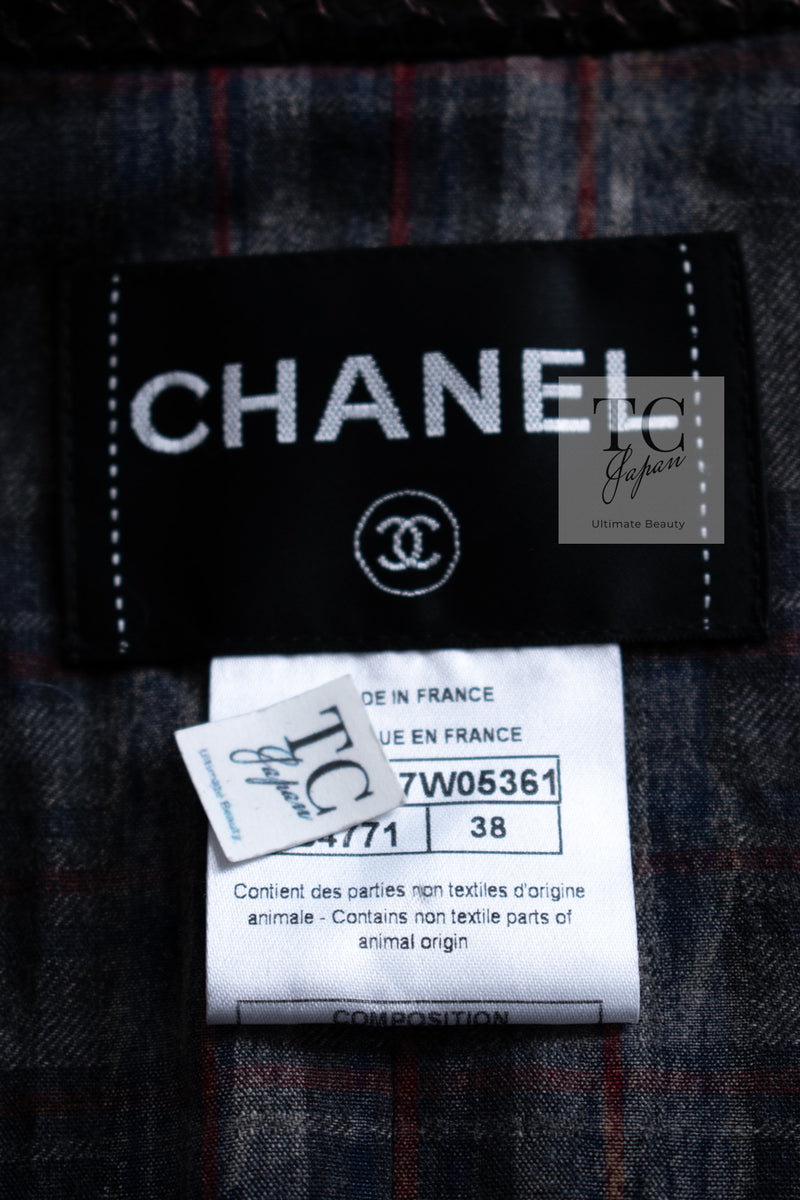 CHANEL 13PF Gray Black Brown Wool Python Trim Jacket 38 シャネル ネイビー グレー ブラック ブラウン ウール パイソン トリミング ジャケット 即発