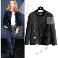 CHANEL 13PF Gray Black Brown Wool Python Trim Jacket 38 シャネル ネイビー グレー ブラック ブラウン ウール パイソン トリミング ジャケット 即発