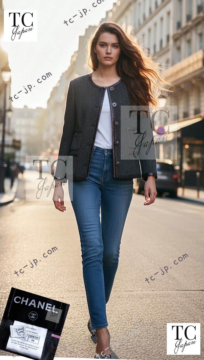 CHANEL 13PF Gray Black Brown Wool Python Trim Jacket 38 シャネル ネイビー グレー ブラック ブラウン ウール パイソン トリミング ジャケット 即発