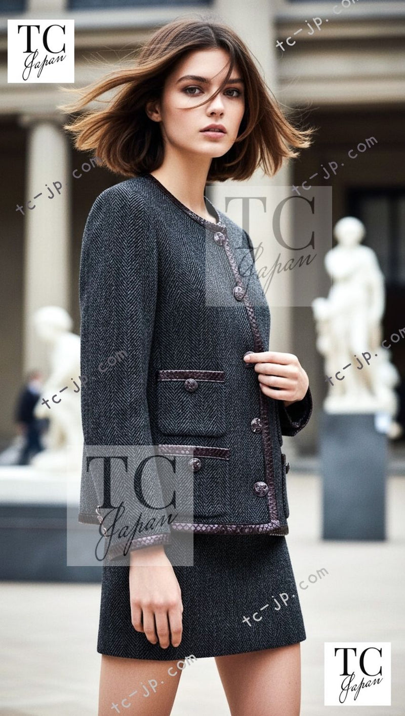CHANEL 13PF Gray Black Brown Wool Python Trim Jacket 38 シャネル ネイビー グレー ブラック ブラウン ウール パイソン トリミング ジャケット 即発